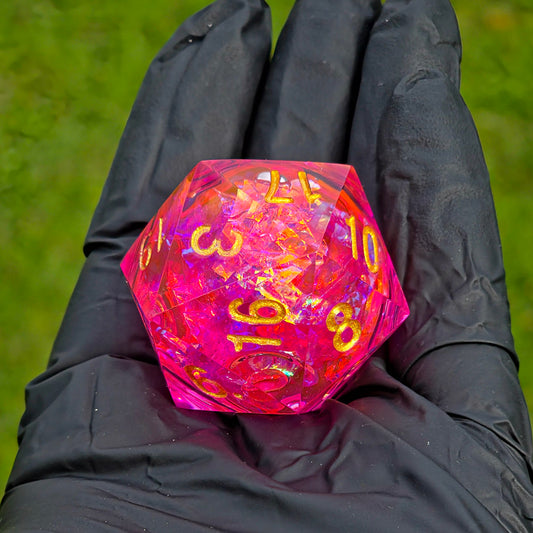 Polyedrischer Liquid Core D20 Würfel 35mm – Pink Gold Chonk Würfel – Handgemachter Resin W20 für DnD, TTRPG Glitzer Diamant